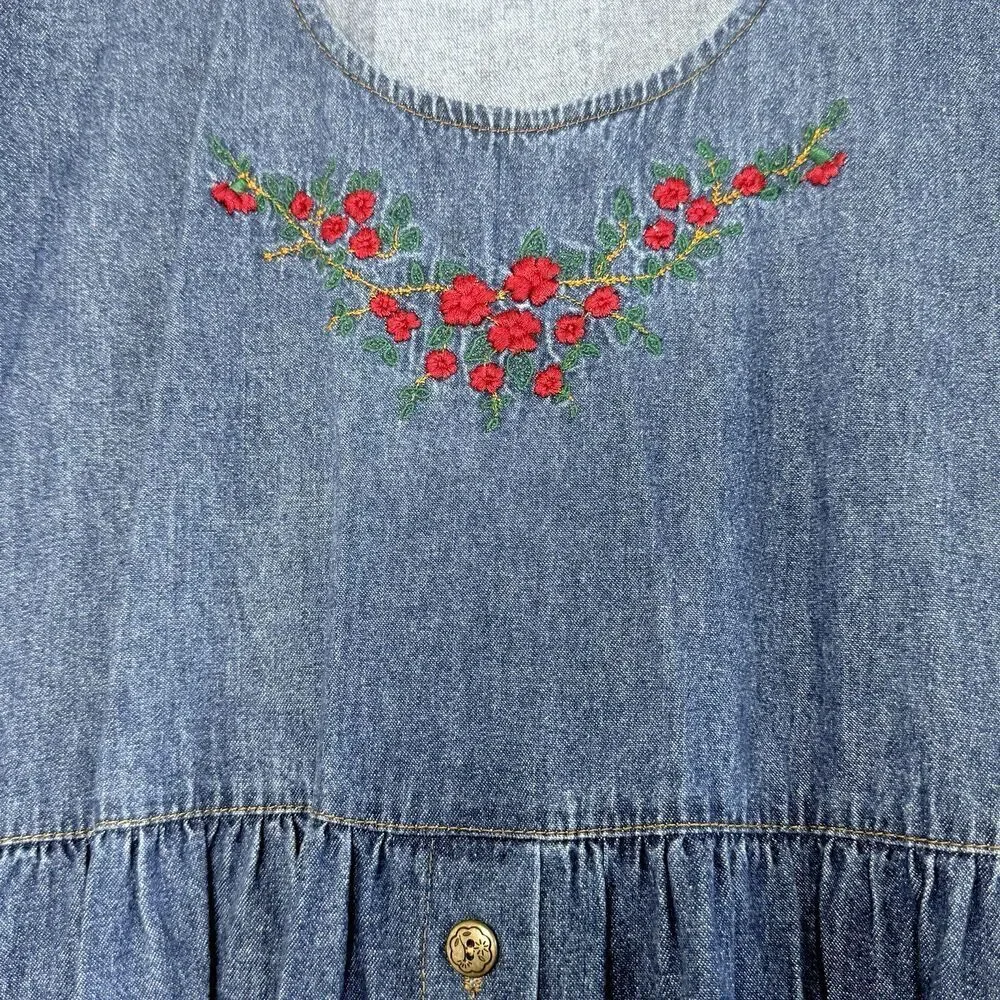 Studio West Denim Dress Embroidered Floral Cottagecore Maxi long sleeve one size - Picture 2 of 10